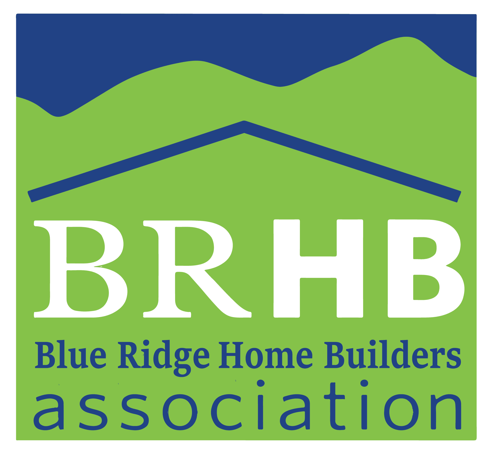 Blue Ridge Home Builders Association logo with white BRHB letters and blue roof graphic on green background